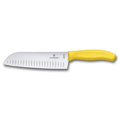 סכין טבח סנטוקו מחורצת 17 ס"מ ידית צהובה